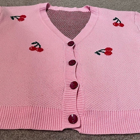 ROMWE Cherry Print Button-Front Long Sleeve Cropped Cardigan Sweater - Picture 6 of 10